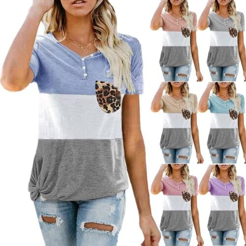 New Summer Ladies Loose Casual Button Leopard Print Pocket T-Shirt Short Sleeve Stitching stripes 2021 V-Neck Women Tee Tops