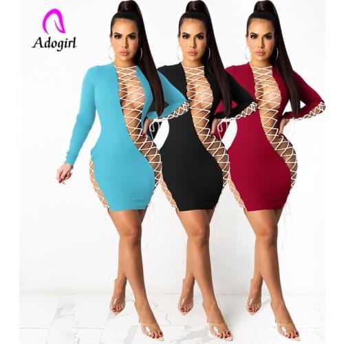 Solid Color Women Mini Dress Long Sleeve Bandage Dresses Sexy Sheer Night Club Party Vestidos Bodycon Plain Hollow Out Outfits