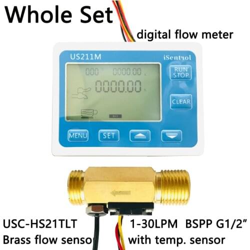 US211M Water Flow Meter and USC-HS21TLT Hall Water Flow Sensor Brass 1-30L/min DC 24V Turbine Flowmeter with NTC50K Temperature