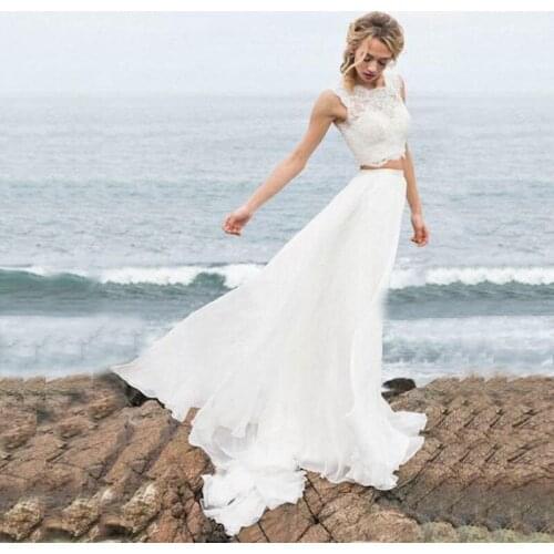 On Sale Summer Beach Two Pieces Bridal Wedding Gowns Lace Sleeveless O Neck Wedding Dresses for Bride Sweep Train Latest Arrival