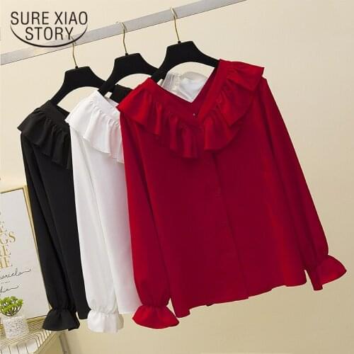 2020 Autumn Large Girls New Ruffles Front and Back V-neck Korean-Style Belly Covering Chiffon Tops Plus Size 4XL Blouse 10223