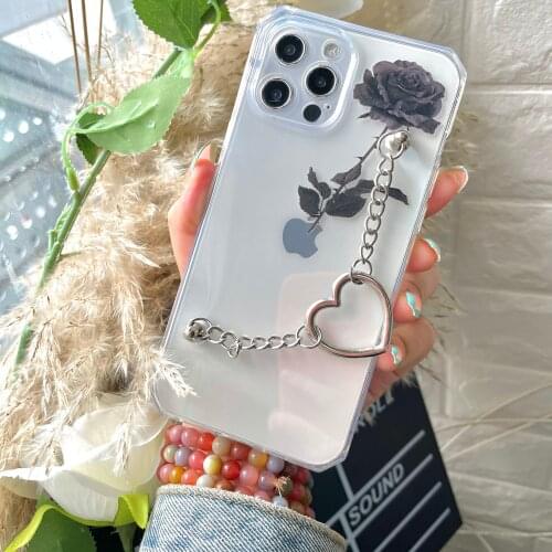 Black Rose Flower Clear Case for iPhone 12 Pro Max 7 8 Plus Silicone Holo Heart Silver Bracelet Hand Holder Case 11 XR XS X SE