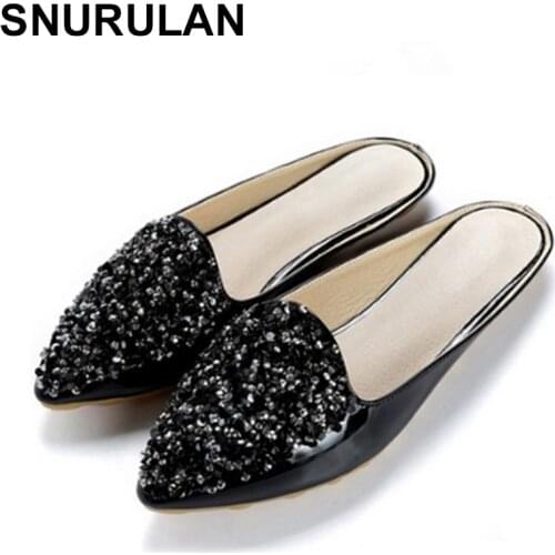 SNURULANShoes woman pointed toe slides rhinestone mules ladies flats slippers Patent leather sandals big size white black