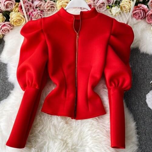 Temperament Women 2021 Autumn Fashion Puff Sleeve Stand Collar Slim Zipper Blouse Solid Casual Winter Shirts Top Blusas Mujer