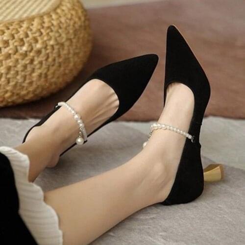 Plus Size Women Pumps Pearls Mary Janes Shoes Pointed Toe High Heels Dress Shoes Flock Boat Shoes Bead Ladies Wedding Shoe 9281N