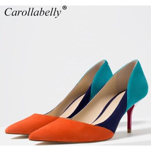 New Mix Color High Heels Orange Blue Grey Nude Pointed Toe Pumps Cut-Outs Woman Shoes Rose Red Heel 7cm For Fashion Female