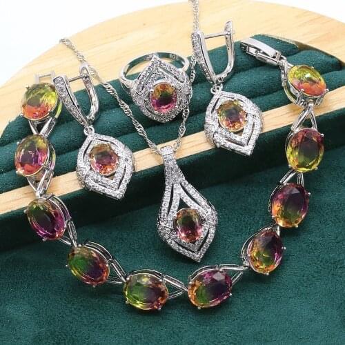Unique Rainbow Zircon 925 Silver Jewelry Sets For Women Wedding Bracelet Earrings Necklace Christmas Giftpendant Ring