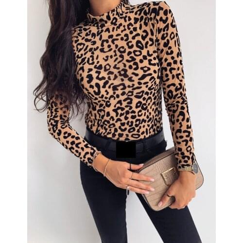 Women Sexy Leopard Summer Long Sleeve Turtleneck Tops T Shirt Slim Ladies Tops Casual Bottoming Shirt