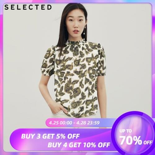 SELECTED Womens Stand-up Collar Printed Blouses Sweet Ruffled Chiffon Shirt S|420241505