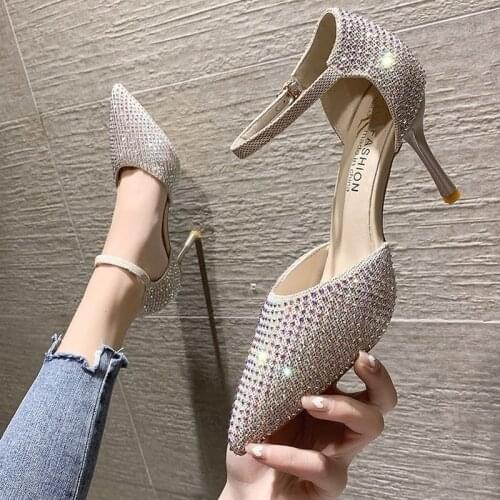 2021 Sexy Women High Heels Sandals Wedding Scarpins Metal Heels Sandals Strap Stiletto Bridal Glitter Gold Pumps Sapato Mujer
