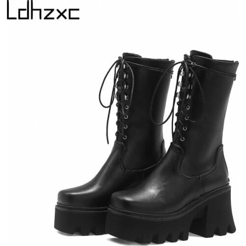 LDHZXC Women Mid-calf Boots Round Toe Thick High Heel Platform Shoes Soft Pu Leather Punk Female Motorcycle Boots Size 34-44
