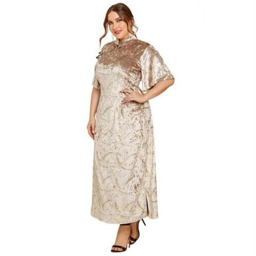 Women Solid Long Dress Elegant Stand Collar Short Sleeve Cheongsam Maxi Robe Vintage Plus Size Gown Middle East Dubai Kaftan New