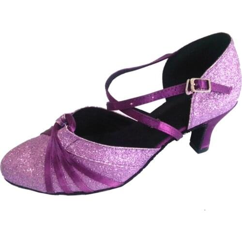 Womens Customized Heel Modern Closed Toe Salsa Latin Ballroom Party Dance Shoe Slotted Strap Purple Color Dancing Shoes