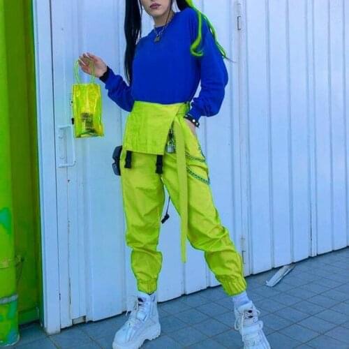Ladies Neon Green High Waist Overalls Pants Harajuku Womens Streetwear Trousers Strap Street Fashion Jumpsuit