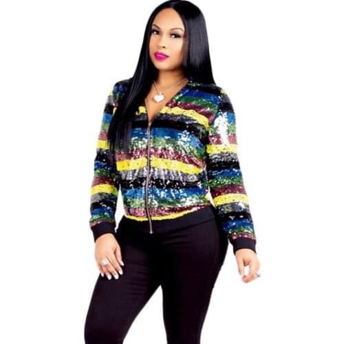 Women Autumn Winter Sequin Coat Striped Bomber Jacket Long Sleeve Zipper Streetwear Tunic Casual Basic Hooded Sparkly Outwear