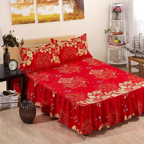 2pcs Pillowcase +1pc Bed Skirt Sanding Soft Bedspread Set King 3pcs Fitted Skirt Sheet Bed Bed Bedding Queen Wedding