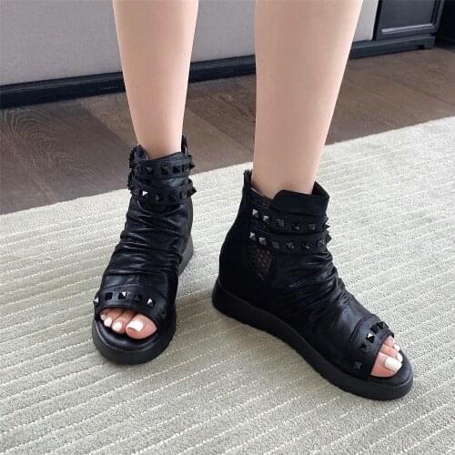 2021 Autumn New Womens Inner Heightening Wedge Sandals Waterproof Platform Fish Mouth Rivets Fold Surface Roman High-top Shoes