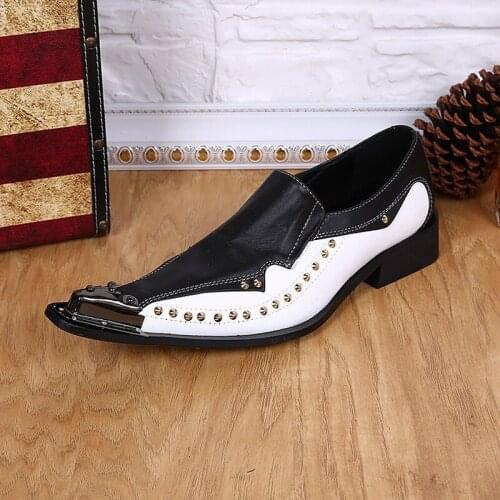2021 Western Fashion Pointed Metal Toe Dress Shoes Black and White Party Wedding Leather Shoes for Men, EU38-46