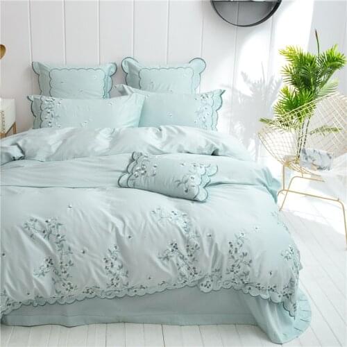4/7pcs Princess style Soft Bedding Set green Duvets and Bedding Sets Queen King Size Bed Sheet Set flowers Embroidery Bed Covers