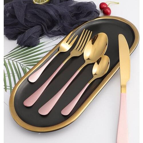 5Pcs Glossy Pink Gold Stainless Steel Cutlery Tableware Set Dinnerware Wedding Flatware Set Forks Knives Spoons Set Silverware
