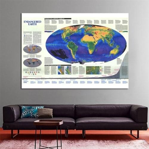 A2 The World Map Non-woven Spray Painting Endangered Earth World Map Wall Poster for Culture Education Office School Supplies