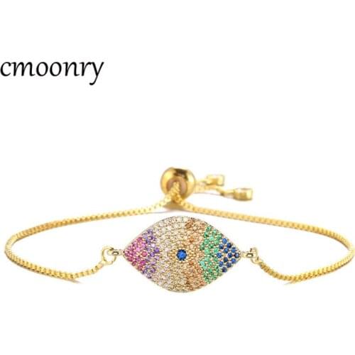 Cmoonry 2021 New Design Mixed Colour CZ Stone Turkish Evil Eye Bracelet Adjustable Copper Chain Bracelet & Bangle Wholesale