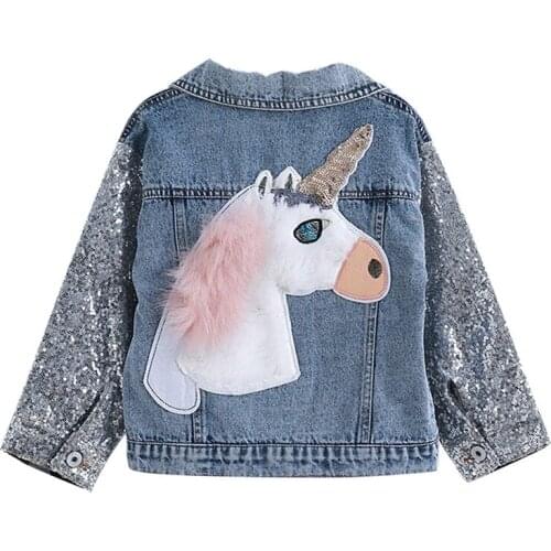 Sequins Kids Denim Jacket Girls Fashion Children Clothing Autumn Baby Girls Clothes Outerwear Cute Unicorn Jeans Jackets Coat