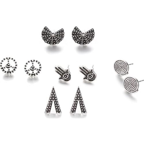 Geometric Peace Sign Fatima Hand Triangle Antique Silver Color Earrings Set Women Hollow Metal Round Charm Stud Earring 5 pairs
