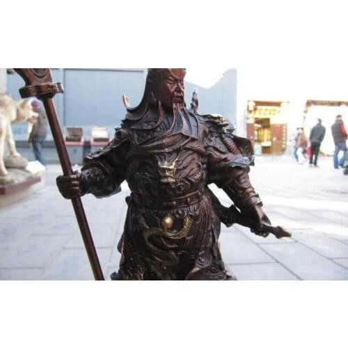 Chinese Pure red Bronze nine Dragon Stand Guan Gong guanyu warrior god statue
