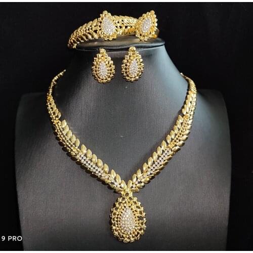 New Bride Wedding Jewelry Set Golden Necklace Earrings Bracelet Ring Set Necklace Set Womens Gift Parure Bijoux