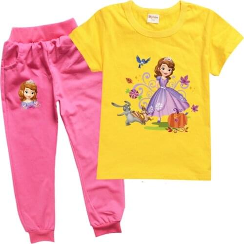 Disney Sofia Girls Clothing Set Summer Cotton Casual T-Shirt + Long Pants Children Suit Boy Girls Outdoor New Fashion Sportswear