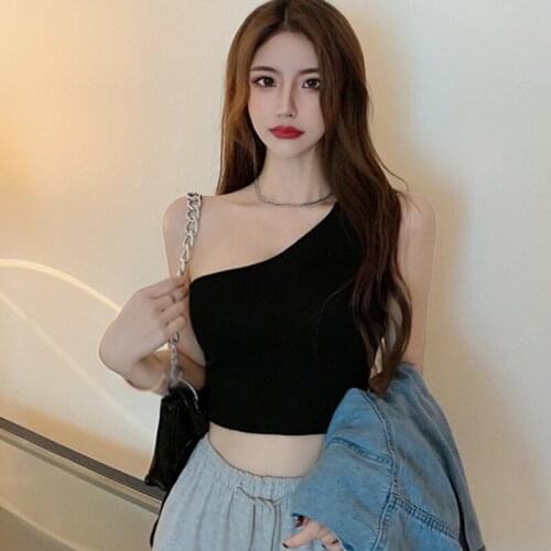 Summer Short Vest Sexy One-Shoulder Tank Tops Base Waistcoat Chest Knitted Tank