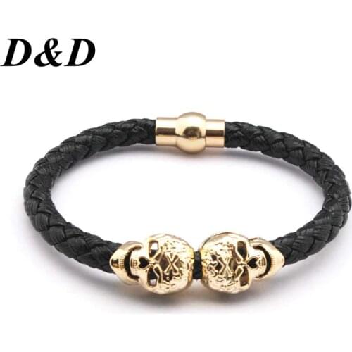 D&D Hot Selling Fashion Braided Leather Bracelets Gold Skull Bracelet Punk Wrap Bracelet Women Men