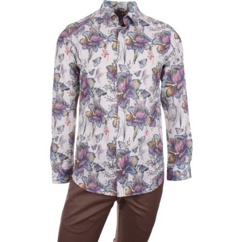 Gentilbay Mens Flower Butterfly Printed White Slimfit Long-Sleeve Sport Shirt DPD156