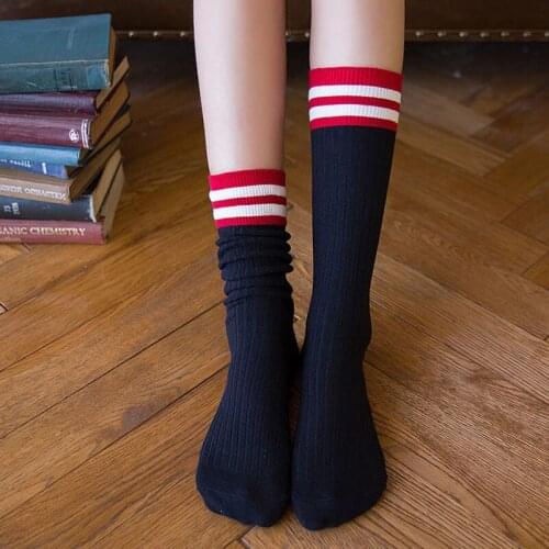 Two Bar Stripes SOCKS Female Sweet and Cute Cotton Comfortable Warm Autumn Winter College Students Leisure Trendy Medium Sock