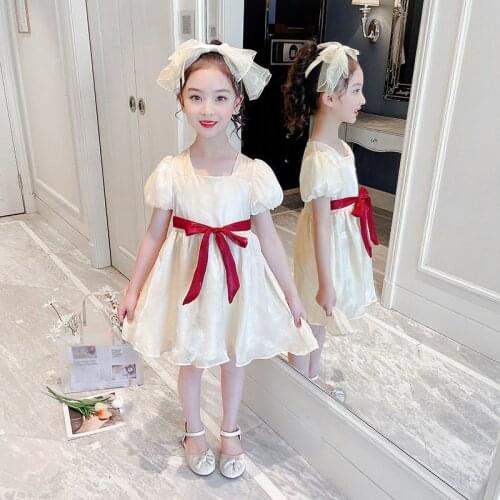 2021 New ChildrenS Clothing Girls Red Belt Bow Soft Dress Summer Middle-Aged ChildrenS Clothing Princess Dress 4 5 7 9 11 13Y