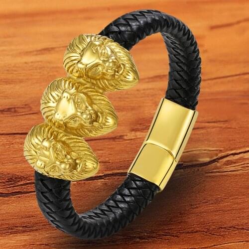 Charm Rope Wholesale Accessories Braided Genuine Leather Men Bracelets Lion Anymal Gold Designer Woven Luxury Magnetic Buckle