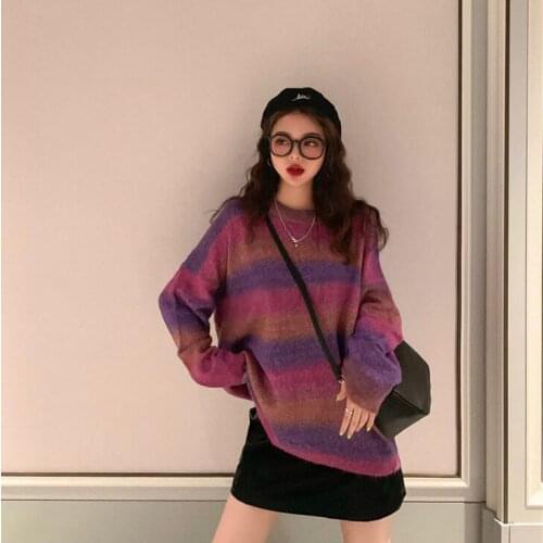 Autumn Gradient Long Sleeve Knitted Patchwork Women Sweater