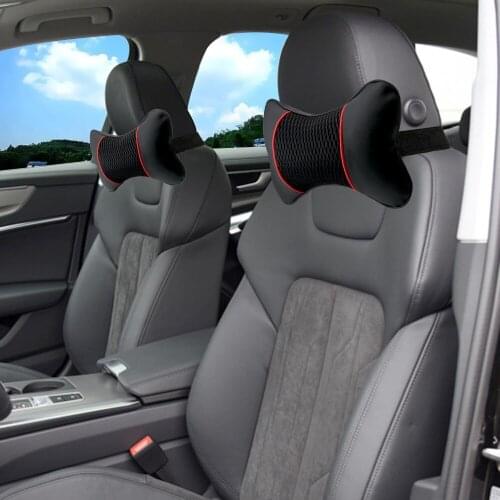 2Pcs Car Headrest Neck Pillow PU Leather Knitted Travel Neck Pillow Car Accessories Interior Support Seat Accessories