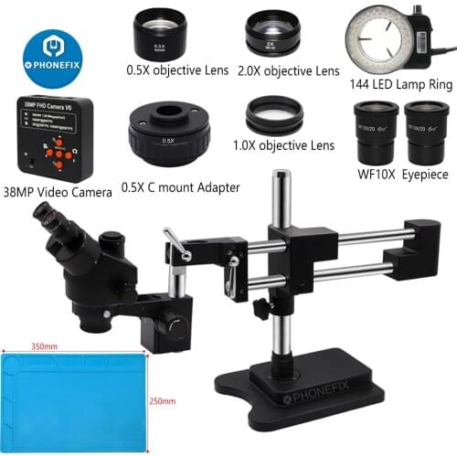 Black 3.5X-90X Simul-focal Dual Arm Boom Stand Industrial Zoom Trinocular Stereo Microscope 38MP HDMI Camera Phone PCB Repair