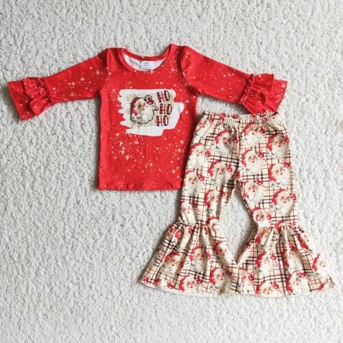 Ho Ho Ho Baby Girls Christmas Santa Claus Bell Bottom Pants Set Kids Clothing Children Boutique Outfits