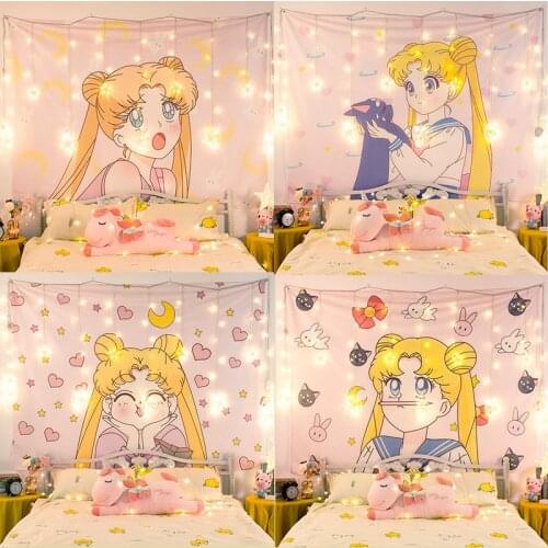 Pink Kawaii Tapestry Hanging Painting Anime Beautiful Girl Hanging Cloth for Studio Bedroom Home Wall Decor Digital Printing