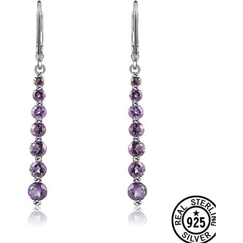 Jewelry 925 Sterling Silver Dangle Earrings Clip Gradual Round Amethyst Natural Gemstone For Women Gifts Fine Jewelry