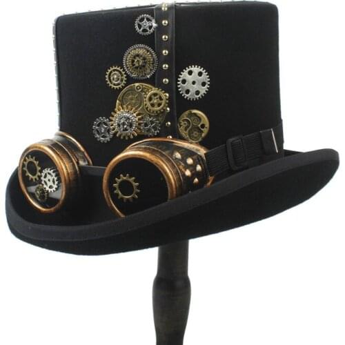 15CM Women Men Steampunk Top Hat With Punk Glasses Victorian Gears Millinery Goggles Party Cosplay Cap 4 Size