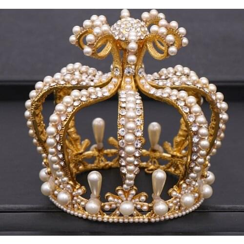 Bridal Headdress Baroque Crystal Pearl Diadem Gold Round Crown Queen Tiara Jewelry Birthday Party Wedding Hair Accessories