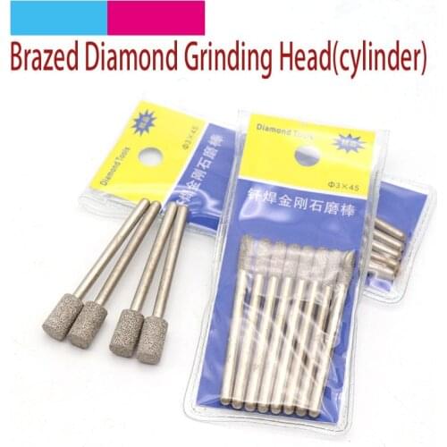 5pcs 3mm Shank Cylindrical Brazed Diamond Grinding Head Burrs Carving Peeling Bits Tools For Jade Stone Glass Metal Ceramic Mill