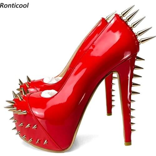 Ronticool Women Cosplay Pumps Studded Sexy Stiletto Heels Round Toe Pink Fuchsia Black Night Club Shoes Women US Plus Size 5-13