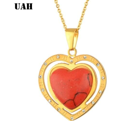 UAH Love Heart Romantic Love Memory Wedding Necklace Gold Color Red Rhinestone Stainless Steel Pendant Necklace