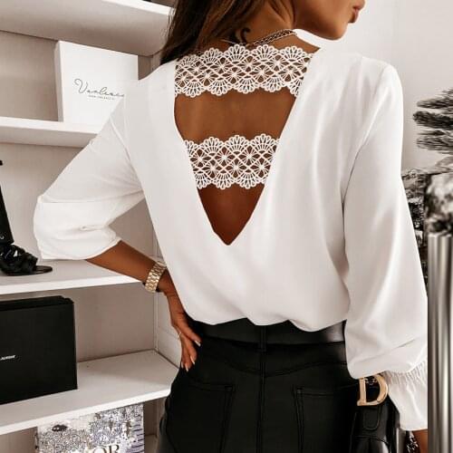 40# Womens Casual Blouses V-neck Back Splicing Lace Flared Long-sleeved Tops Blouses Sexy Backless Chiffon Shirts Рубашка
