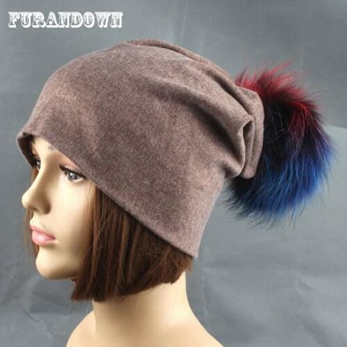 2019 New Autumn Hat Fashion Real Fur Pompom Beanie Winter Hats For Women Casual 100% Cotton Beanies Colorful Pompon Cap